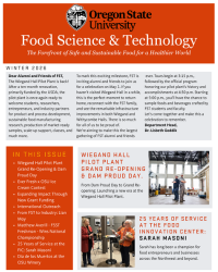 the front page of the 2026 winter newsletter, includes and two orange boxes with the OSU logo the department of food science and technology two cover stories and the table of contents.